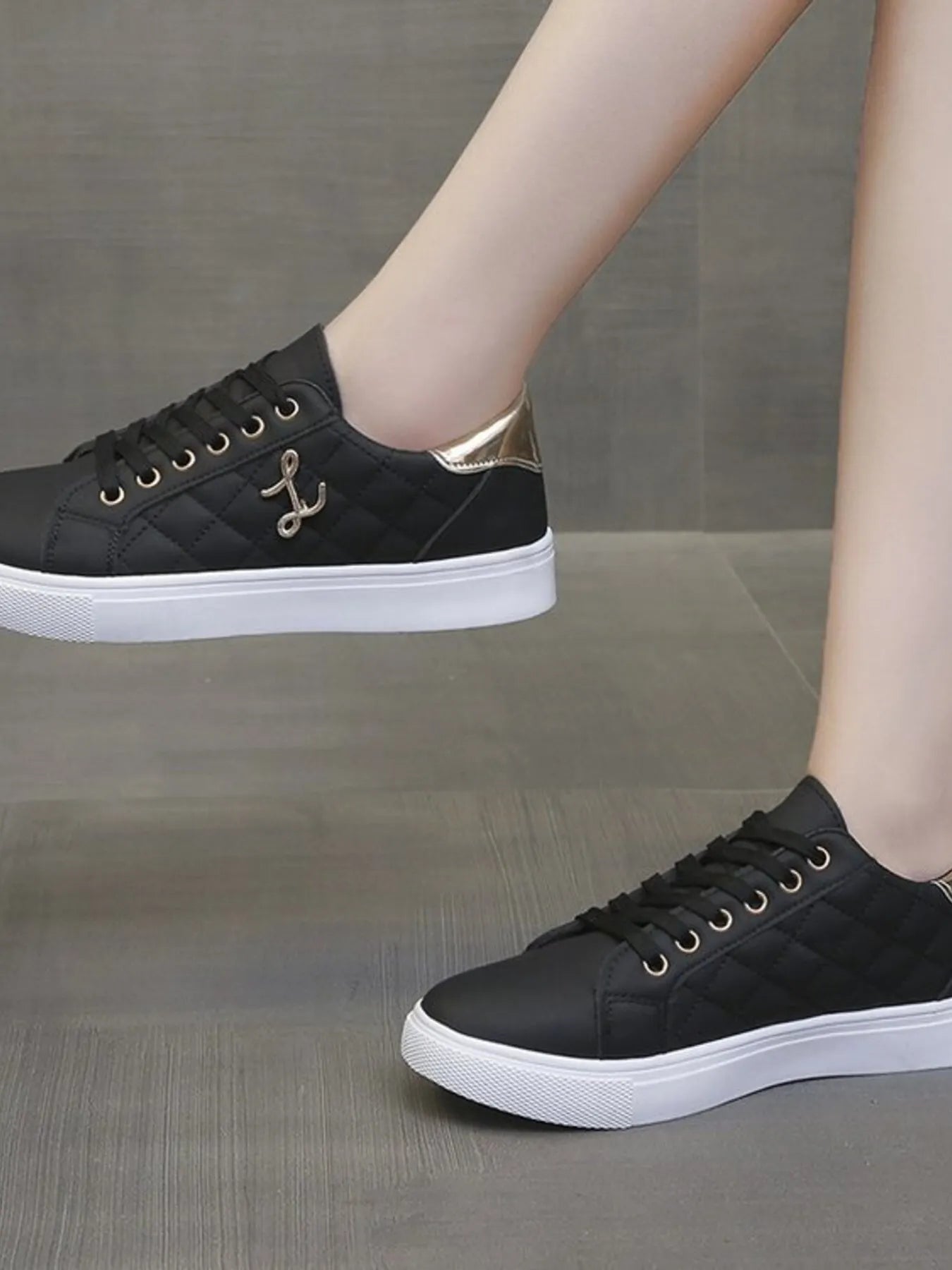 Quilted Platform Sneakers with Metallic Gold Accents