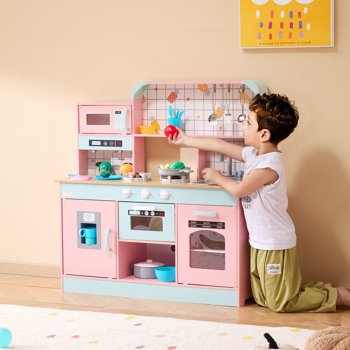 Christmas Gift! Kitchen Playset Kids Pretend Cooking Play Toy 24 Piece Accessories Pink