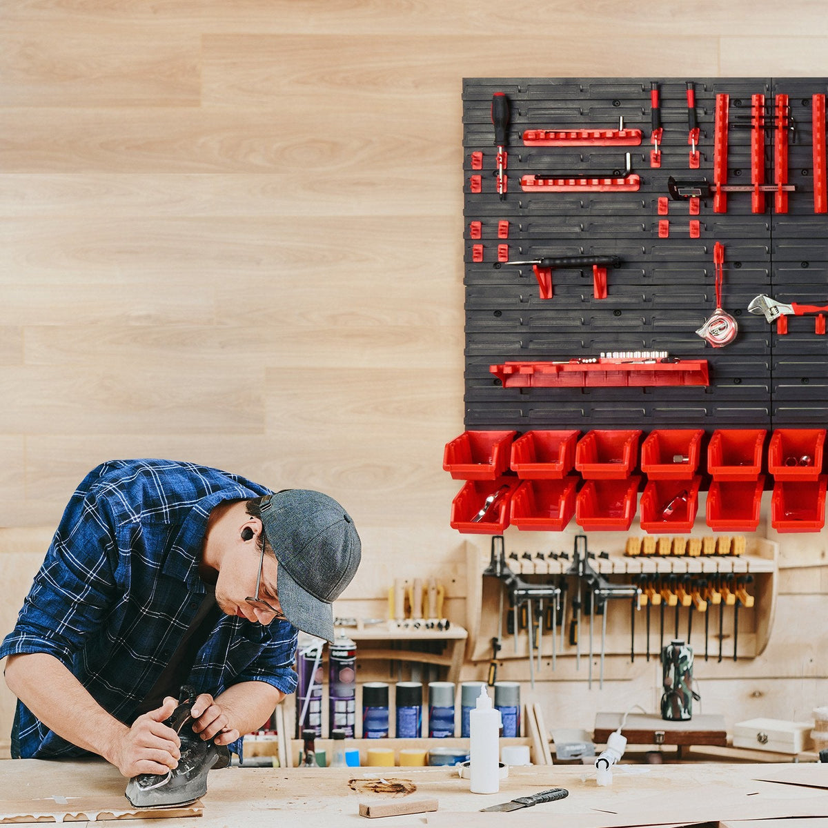 VEVOR Wall Mounted Storage Bins, 30-Bin Parts Rack Organizer Garage Plastic Shop Tool With Wall Panels Tool Holders Hooks, Tool Organizer For Nuts, Bolts, Screws, Nails, Beads, Buttons, Black And Red