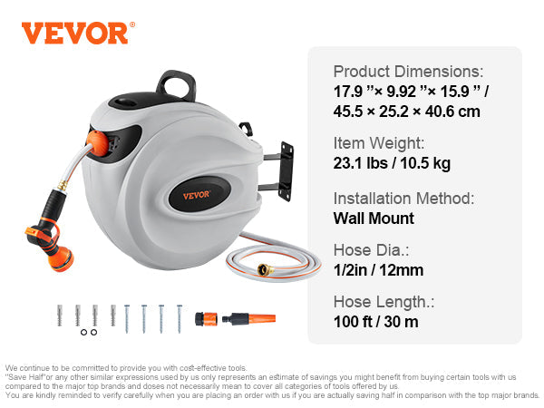VEVOR Retractable Hose Reel Water Hose Reel Swivel Wall-Mounted,Garden Water Hose Reel With 9-Pattern Nozzle,Automatic Rewind, Lock At Any Length, With Slow Return System