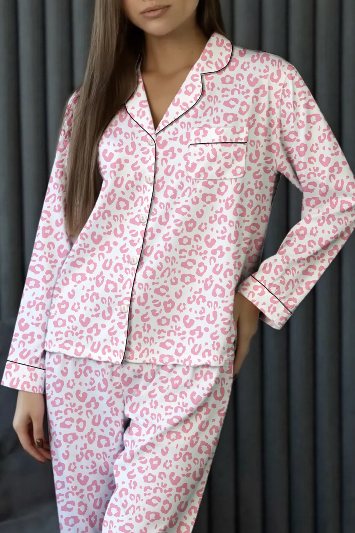 Leopard Print Button Up Top and Pants 2cps Pajama Set