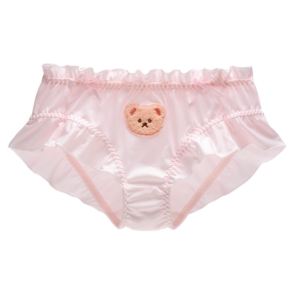 Cute Bear Embroidered Underwear Solid Color Milk Silk