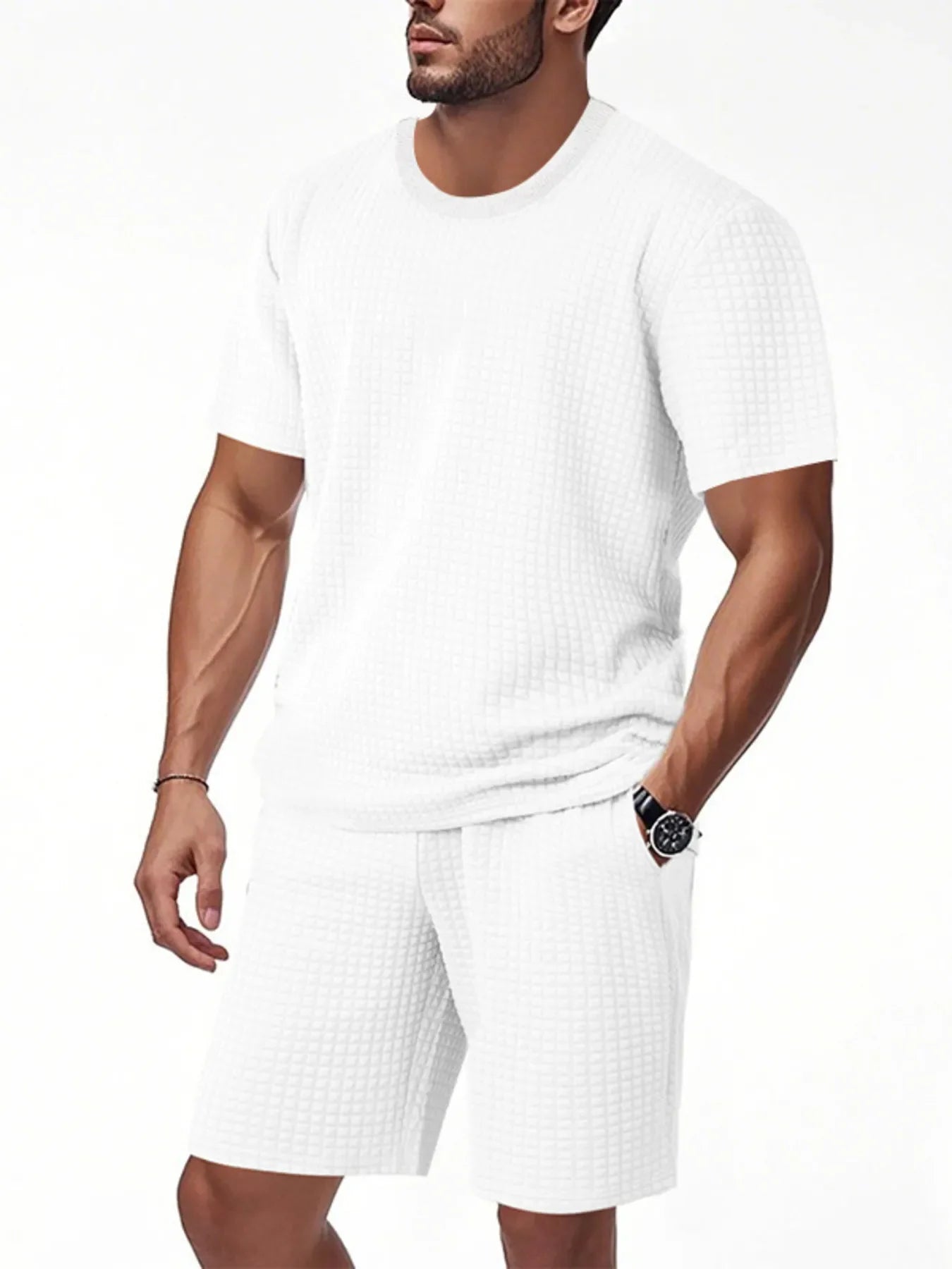 Men's Full Size Textured Round Neck Top and Shorts Set Plus SIze