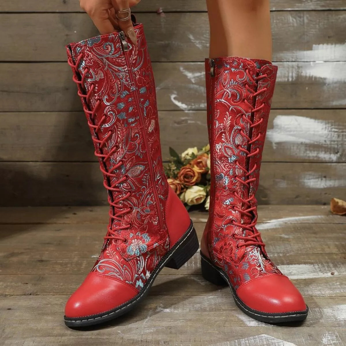 Lace Up Block Heels Boots