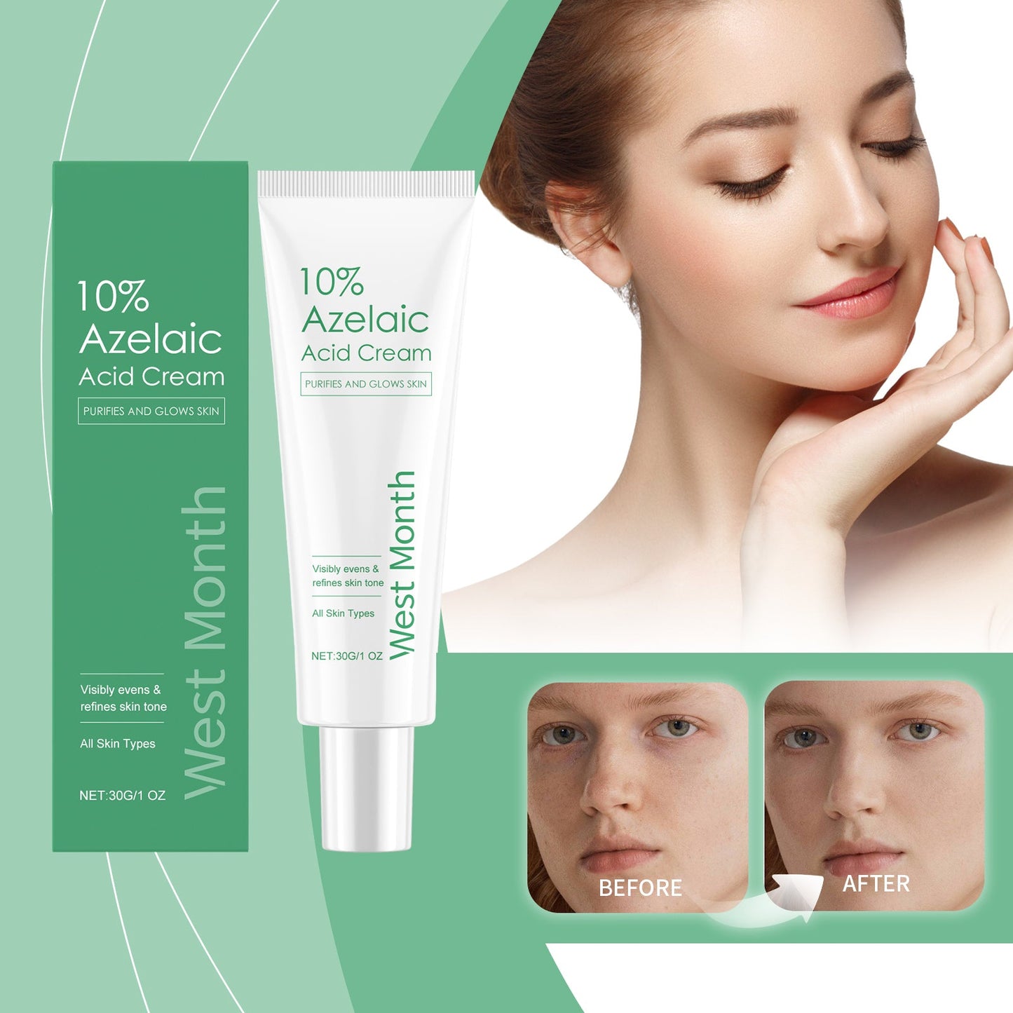 West&Month Azelaic Acid Essence Cream, Repair Moisturizing Moisturizing Face Oil Control Moisturizing Mild Refreshing Cream