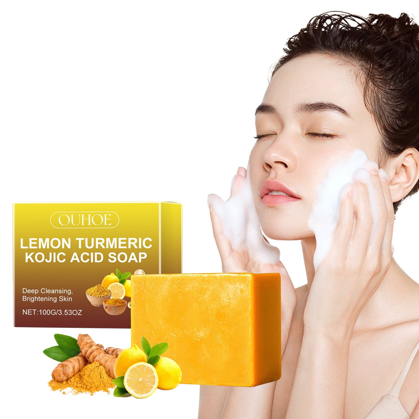 Ouhoe Lemon Turmeric Acid Soap Deep Cleanses Skin Brightening Whitening Exfoliating Moisturizing Bath And Face Soap