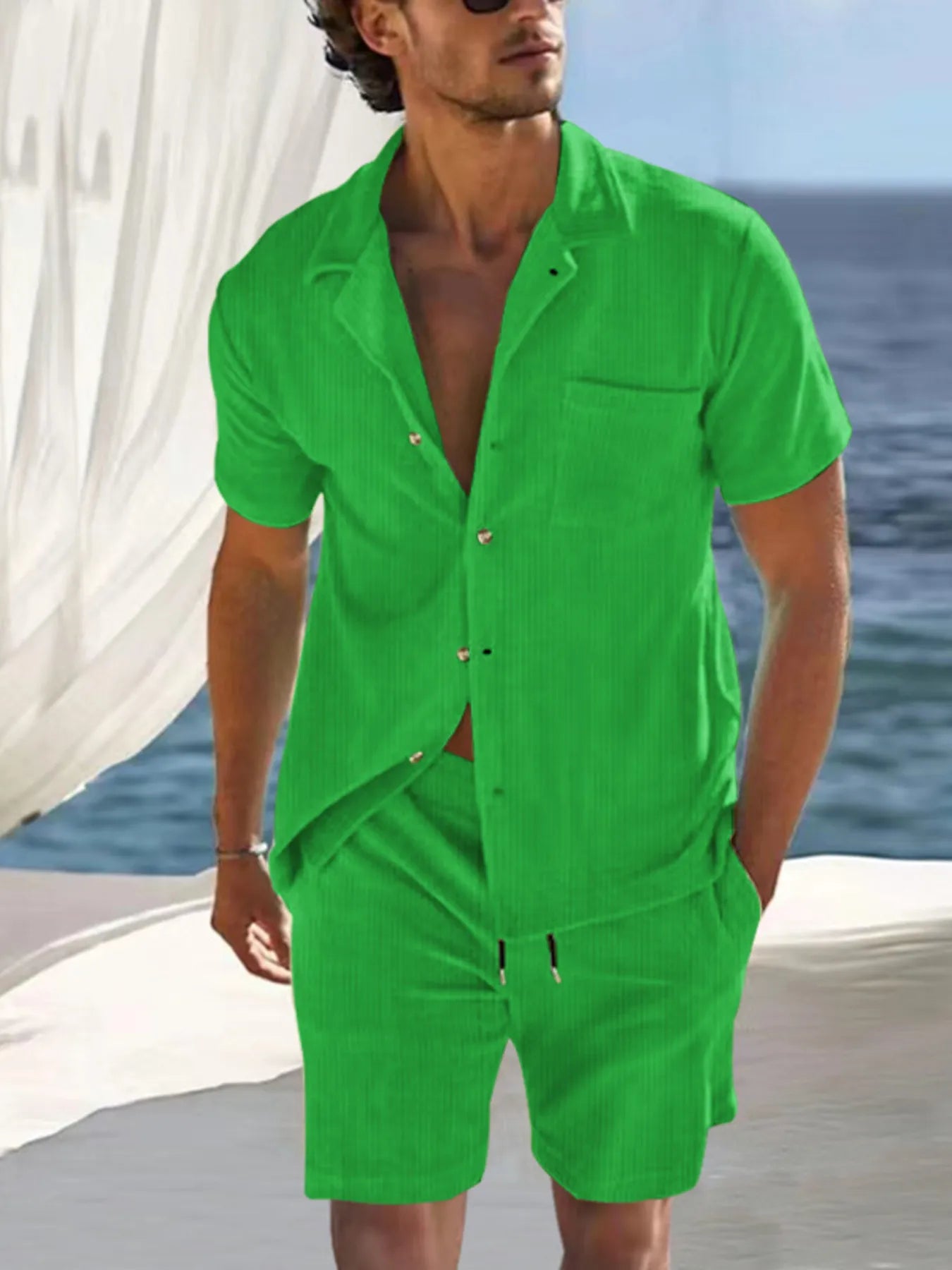 Men's Full Size Button Detail Short Sleeve Top and Shorts Set Plus Size