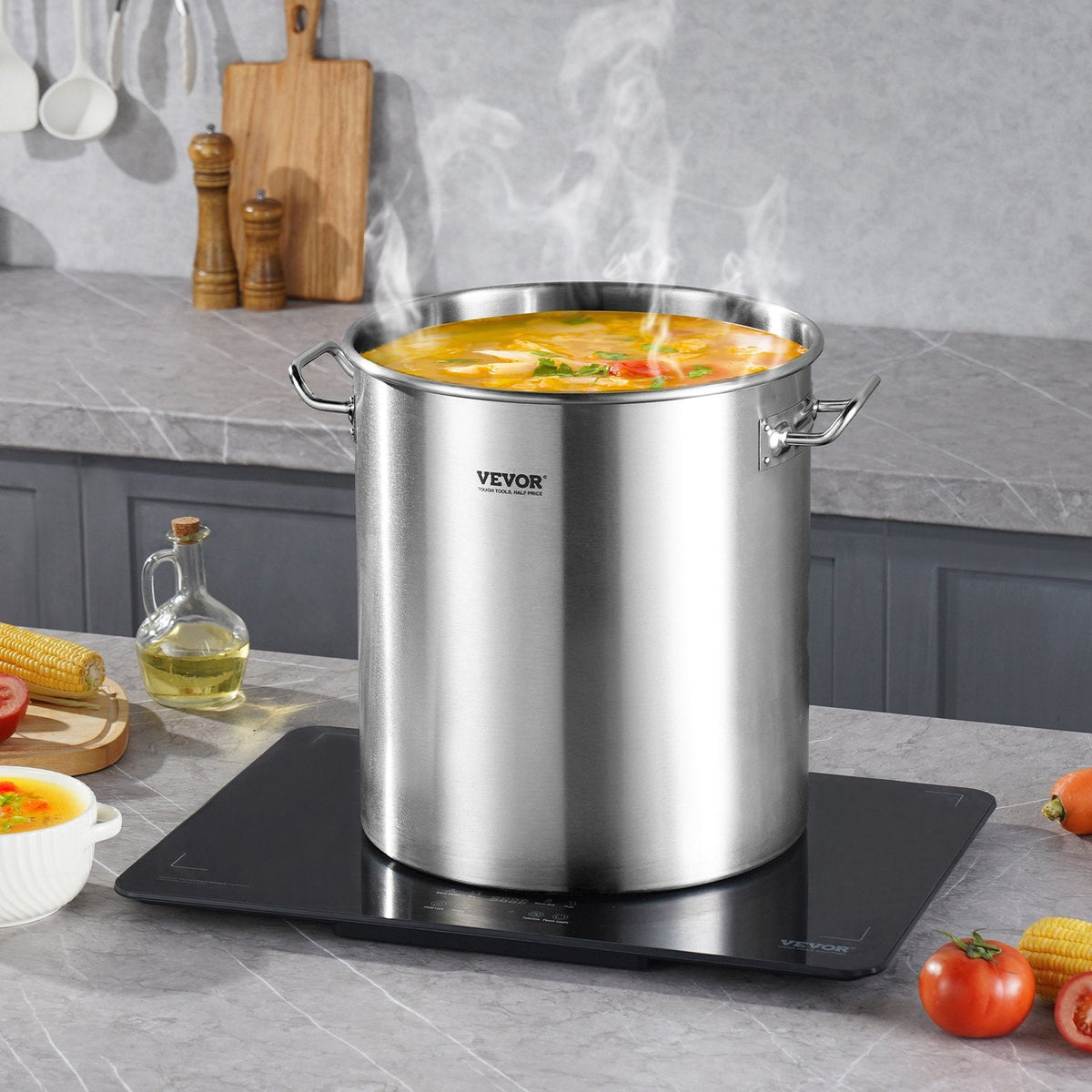 VEVOR Stainless Steel Stockpot, 42 Quart Large Cooking Pots, Cookware Sauce Pot With Strainer, Lid, And Handle, Heavy Duty Commercial Grade Stock Pot, Sanding Treatment, For Large Groups Events Silver