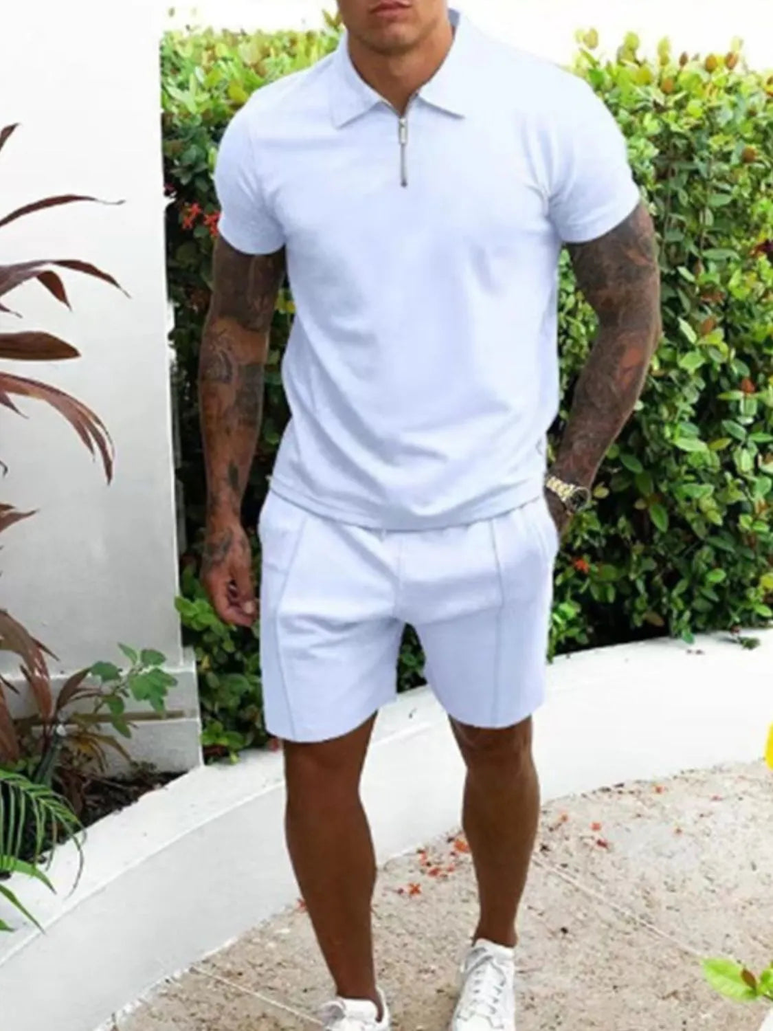 Men's Full Size Collared Neck Short Sleeve Top and Shorts Set Plus Size