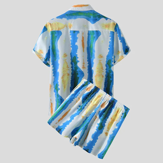 Men's Full Size Printed Button Up Short Sleeve Shirt and Shorts Plus Size
