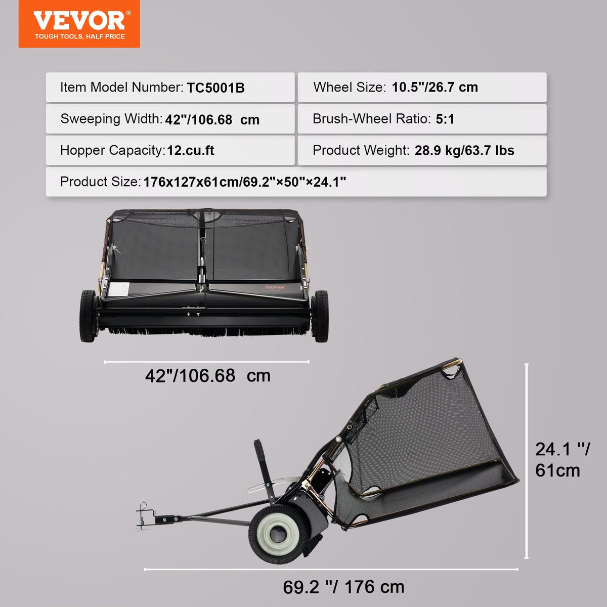 VEVOR Tow-Behind Lawn Sweeper 42-inch Leaf Yard Collector 12 Cu.ft. Adjustable