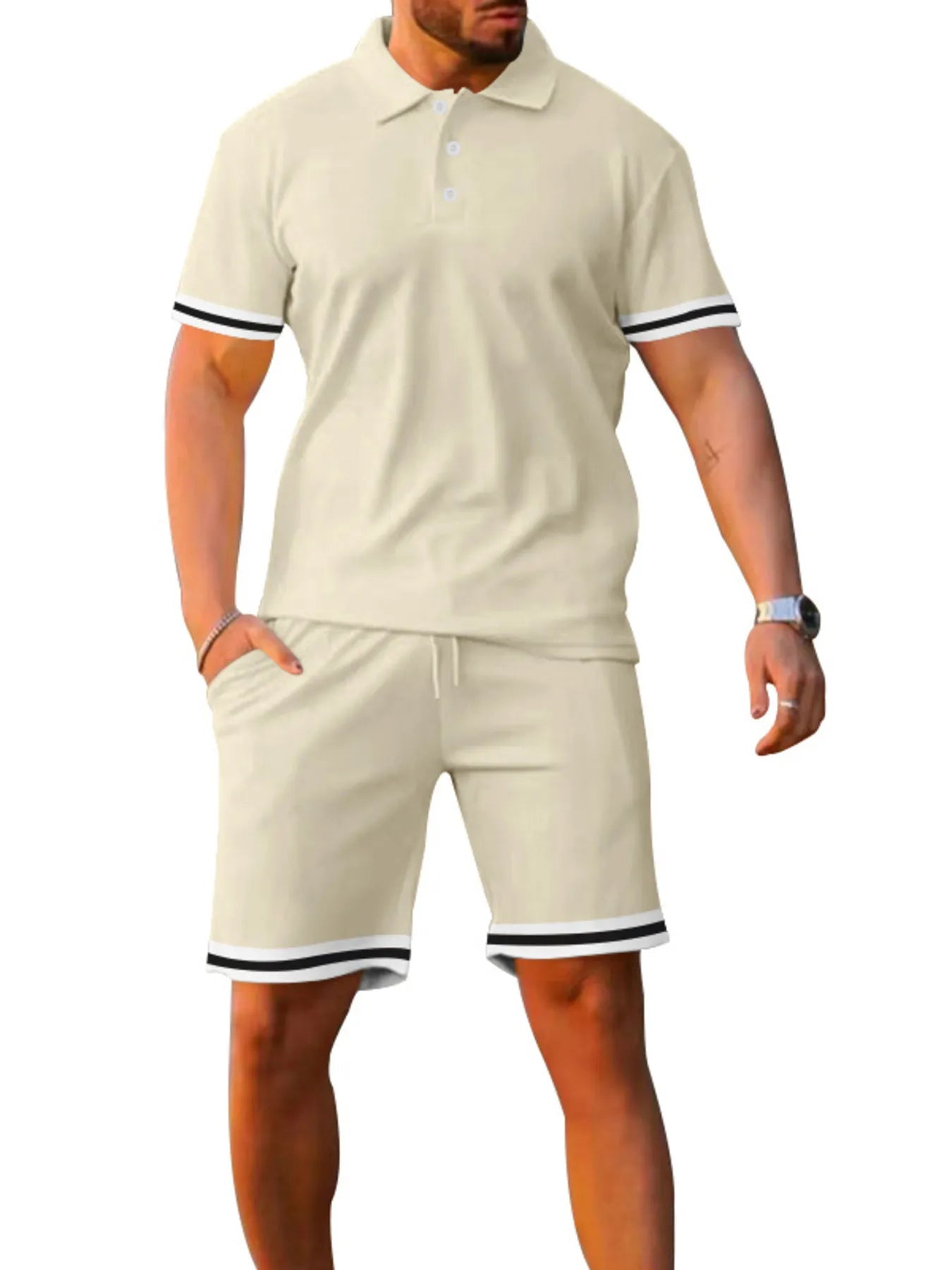 Men's Full Size Contrast Trim Polo and Shorts Set Plus Size