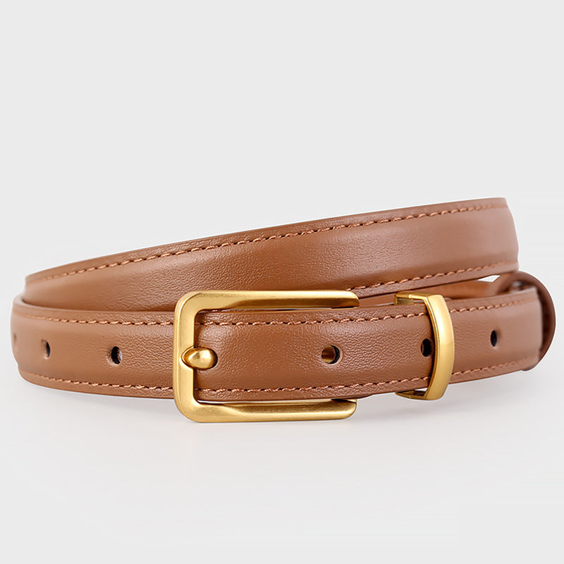 Leather Skinny Belt with Golden Buckle