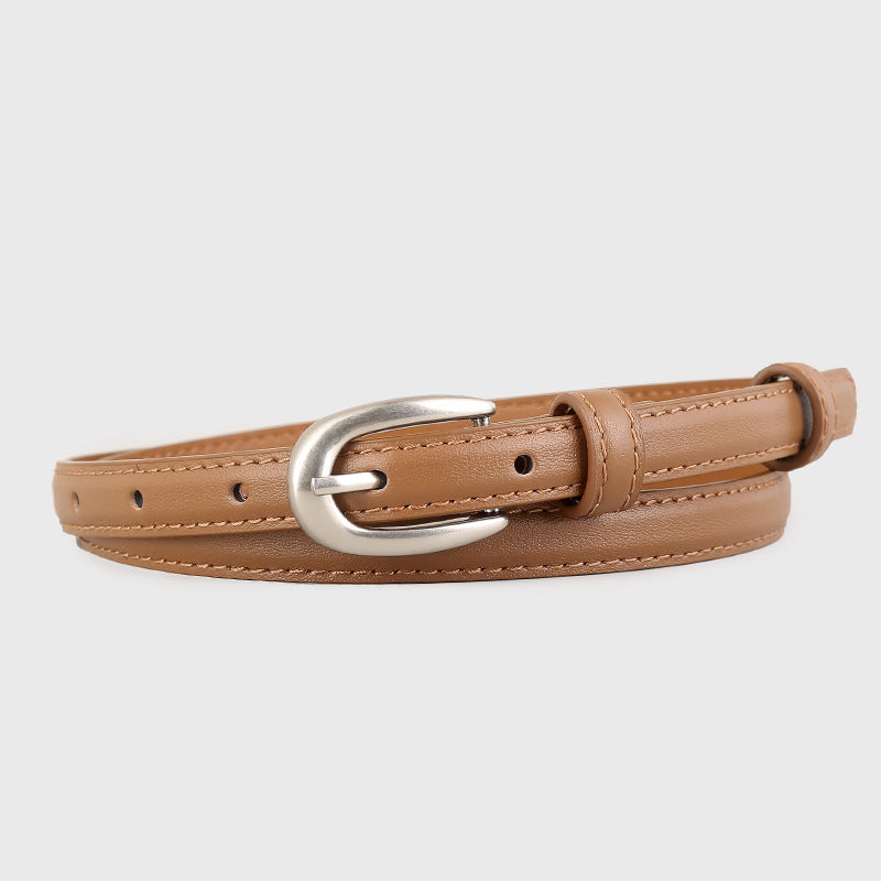 Leather Skinny Belt with Silver Buckle