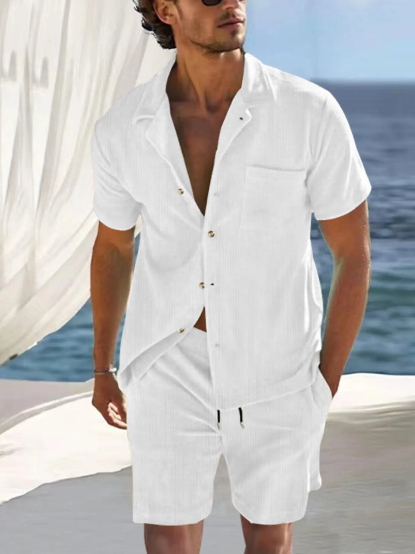 Men's Full Size Button Detail Short Sleeve Top and Shorts Set Plus Size