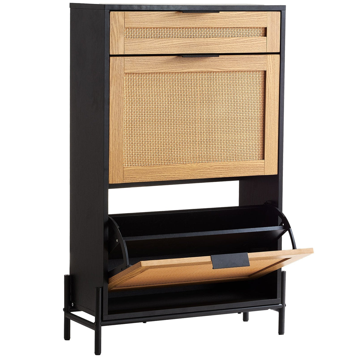Rattan Shoe Cabinet, Narrow Shoe Storage Organizer With 2 Flip Rattan Drawers & 1 Slide Drawer, Metal Legs, Slim Shoe Entryway Cabinet Ideal For Entryway, Closet, Hallway, Black