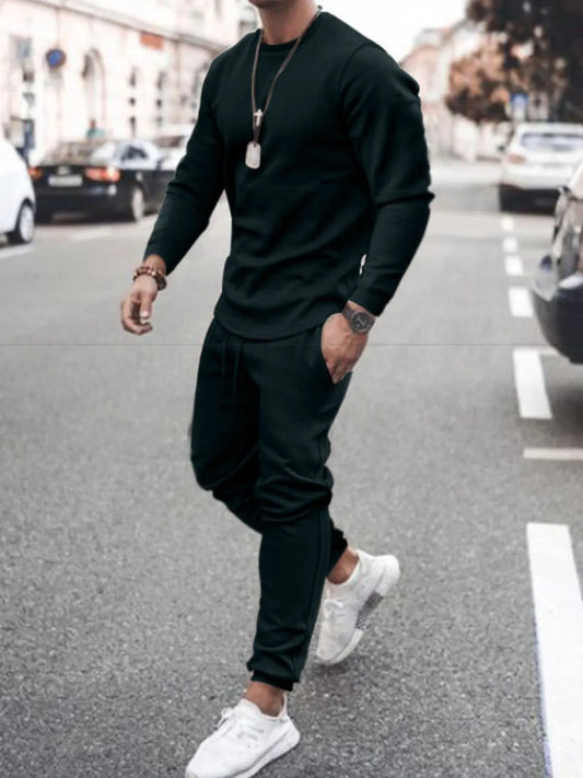 Men's Full Size Round Neck Long Sleeve Top and Pants Set Plus Size