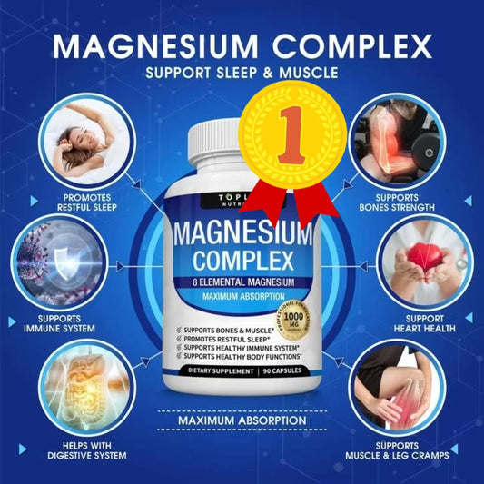 Magnesium Complex Supplement 8 Elemental 1000mg - Magnesium Glycinate, Citrate, Malate, Taurate, Chelated for Easy Absorption for Bones, Muscle, Recovery, Energy, Vegan Non-GMO 90 Capsules