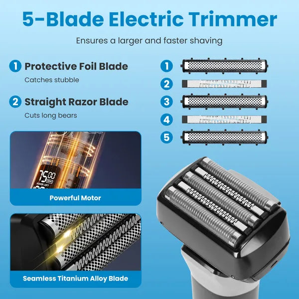 Electric Foil Face Shaver 5-Blade Electric Razor For Men Wet & Dry Jawline Beard Trimmer Precision Sideburn Shavers IPX6 Waterproof With LED Display Cleaning Brushes GPCT5466