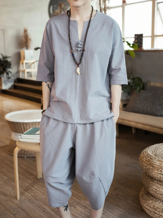 Men's Plus Size Notched Half Sleeve Top and Cropped Pants Set