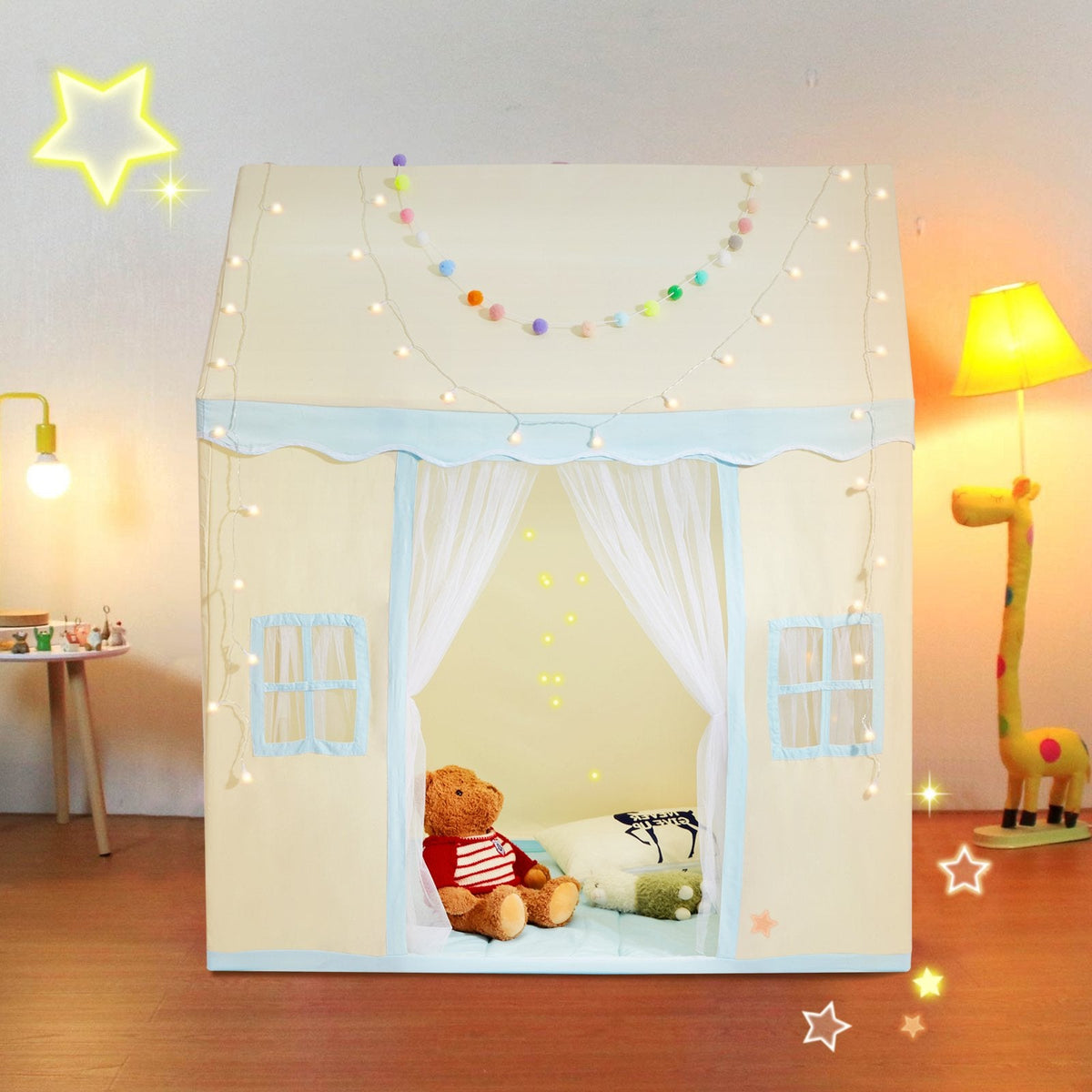 VEVOR Kids Play Tent, Kids Tent For Kids 1-5 Years Old, Toddler Tent With Mat And Tent Lamp, Tent For Kids With Windows For Indoor And Outdoor, Play House Castle Tent For Boys And Girls, Beige