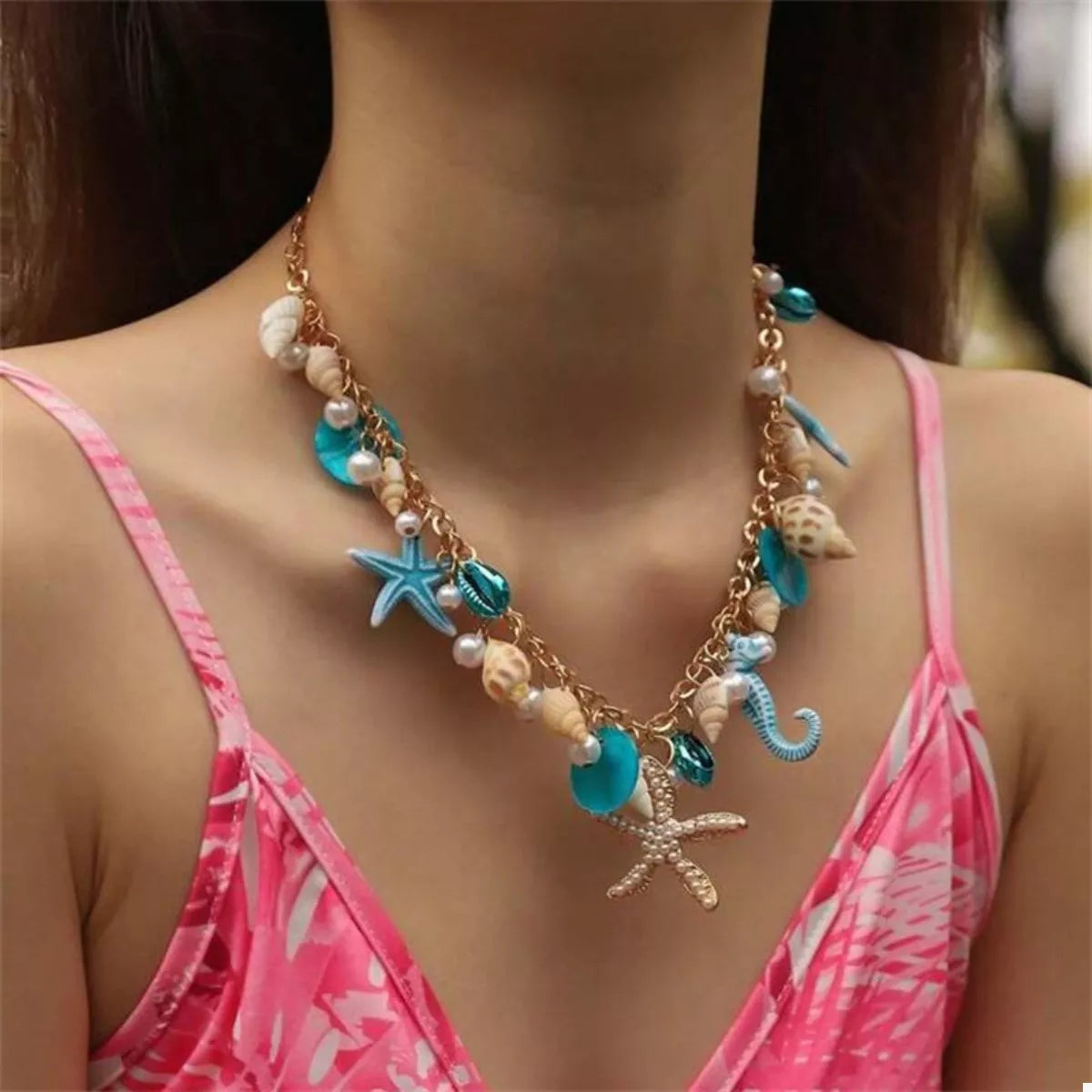 Ocean Charm Shell Starfish Statement Necklace