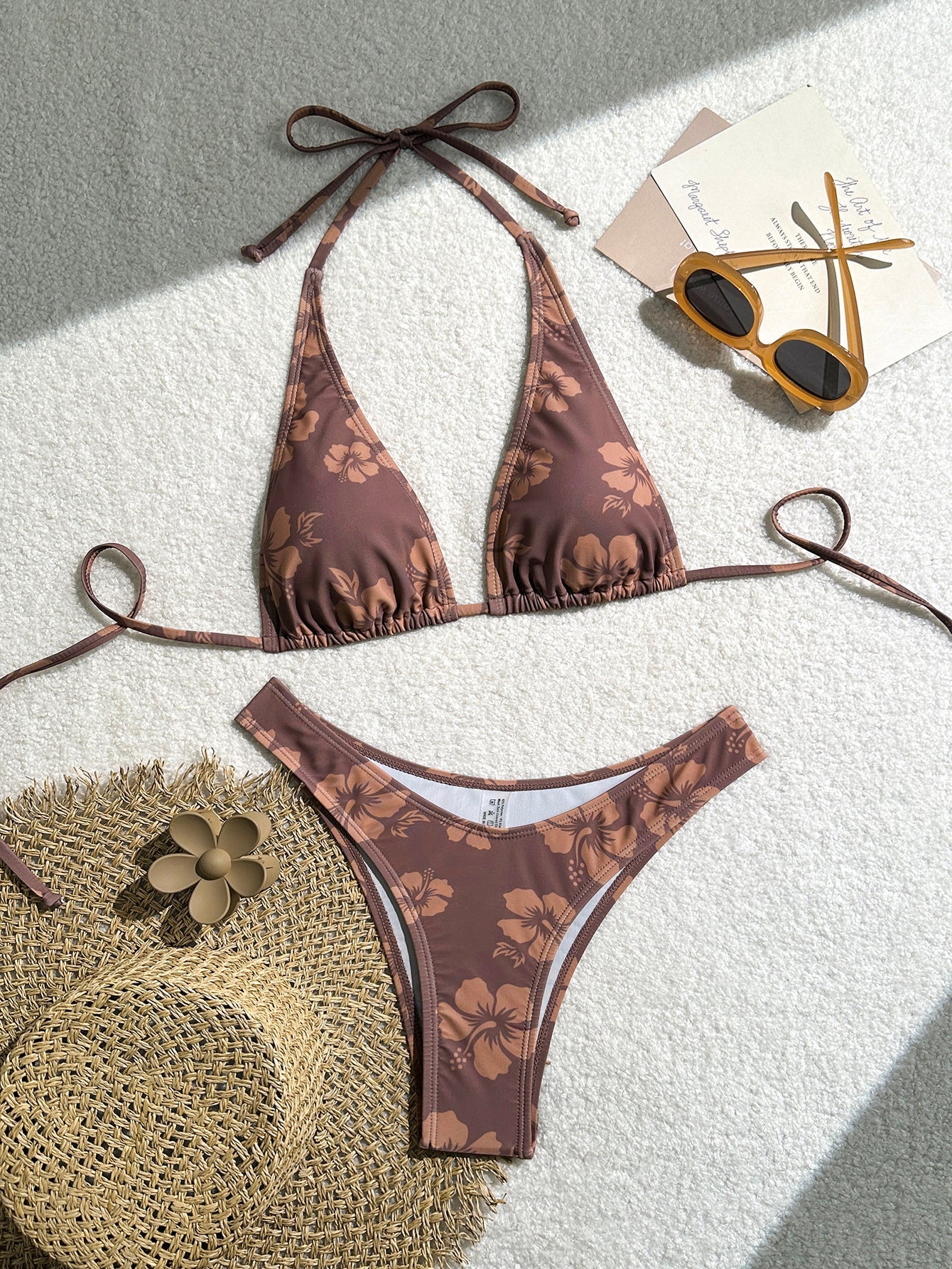 Women's Brown Hibiscus Floral Triangle Bikini Set, Tie-Side Halter Top & Cheeky Bottom, 2 Piece Tropical Swimsuit