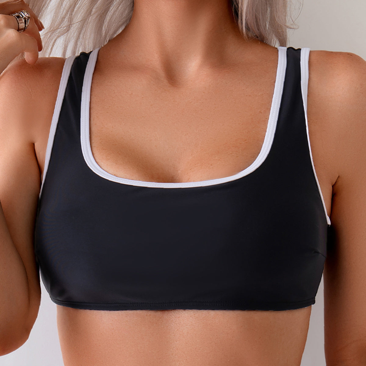 Women's Sporty Black Bikini Set, Square Neck Tank Top With White Contrast Trim & Mid Rise Bottom, 2 Piece SwimsuiT