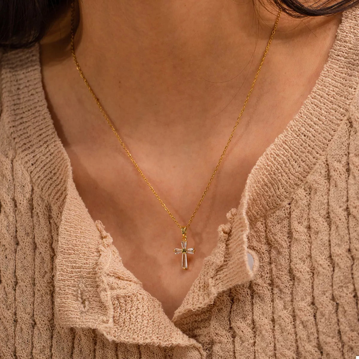 18K Gold-Plated Stainless Steel Zircon Cross Necklace