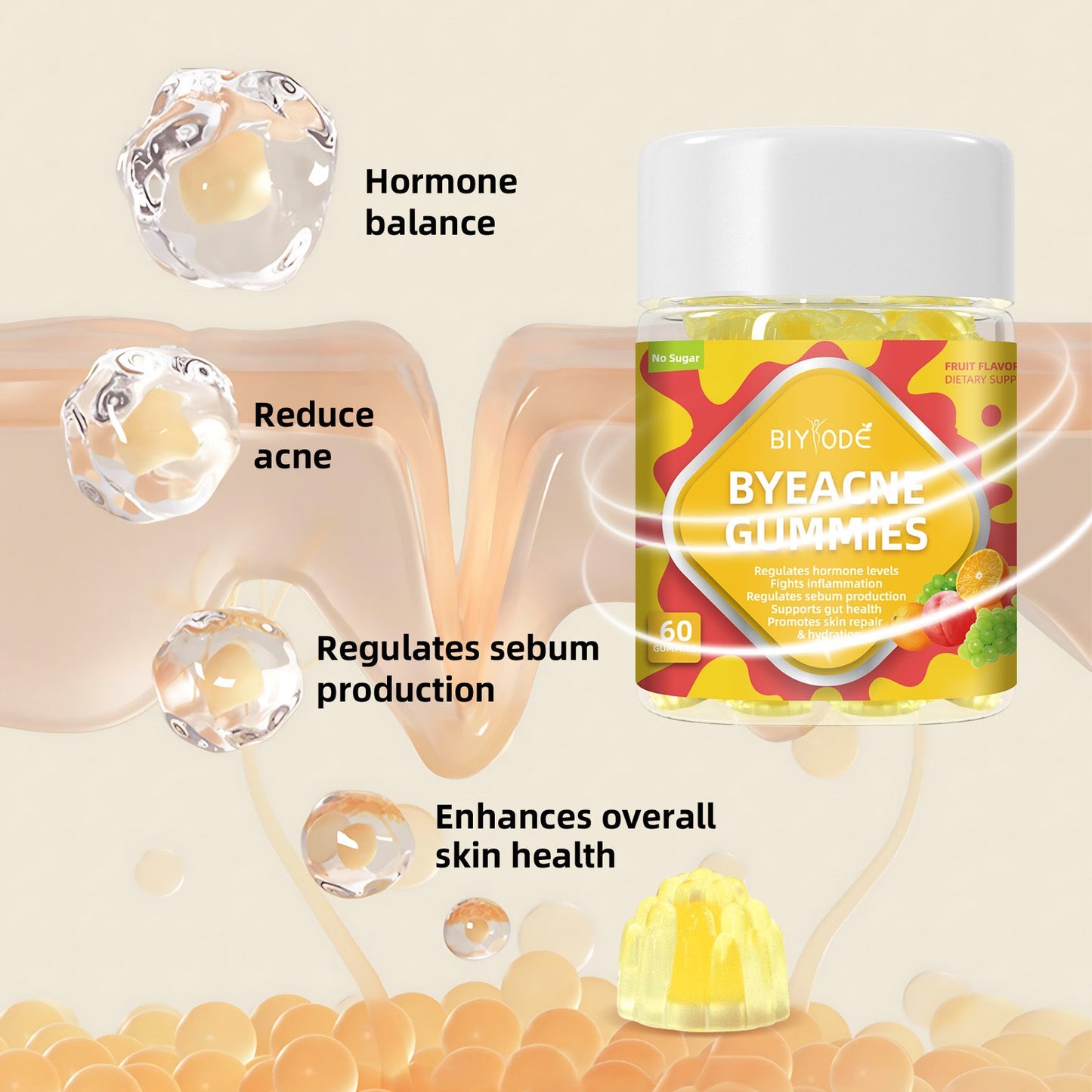 Custom Private Label ByeAcne Gummies -Hormone Balance Reduce Acne &Supports Gut Health No Sugar GMP Certified