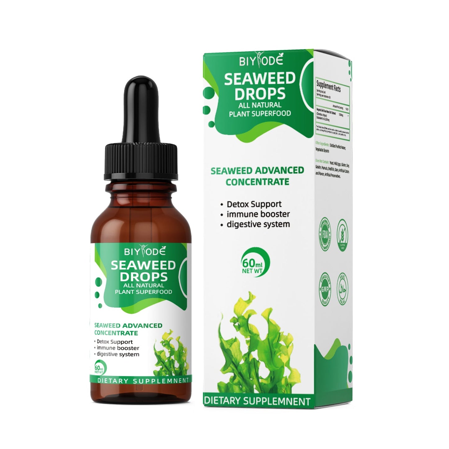 OEM ODM Custom Irish Sea Moss Herbal Supplement Wholesale Organic Raw Material Weight Loss Digest Support Seamoss Liquid Drops