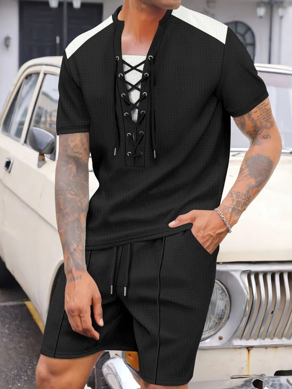Men's Full Size Lace-Up Waffle Knit Top and Shorts Set Plus Size