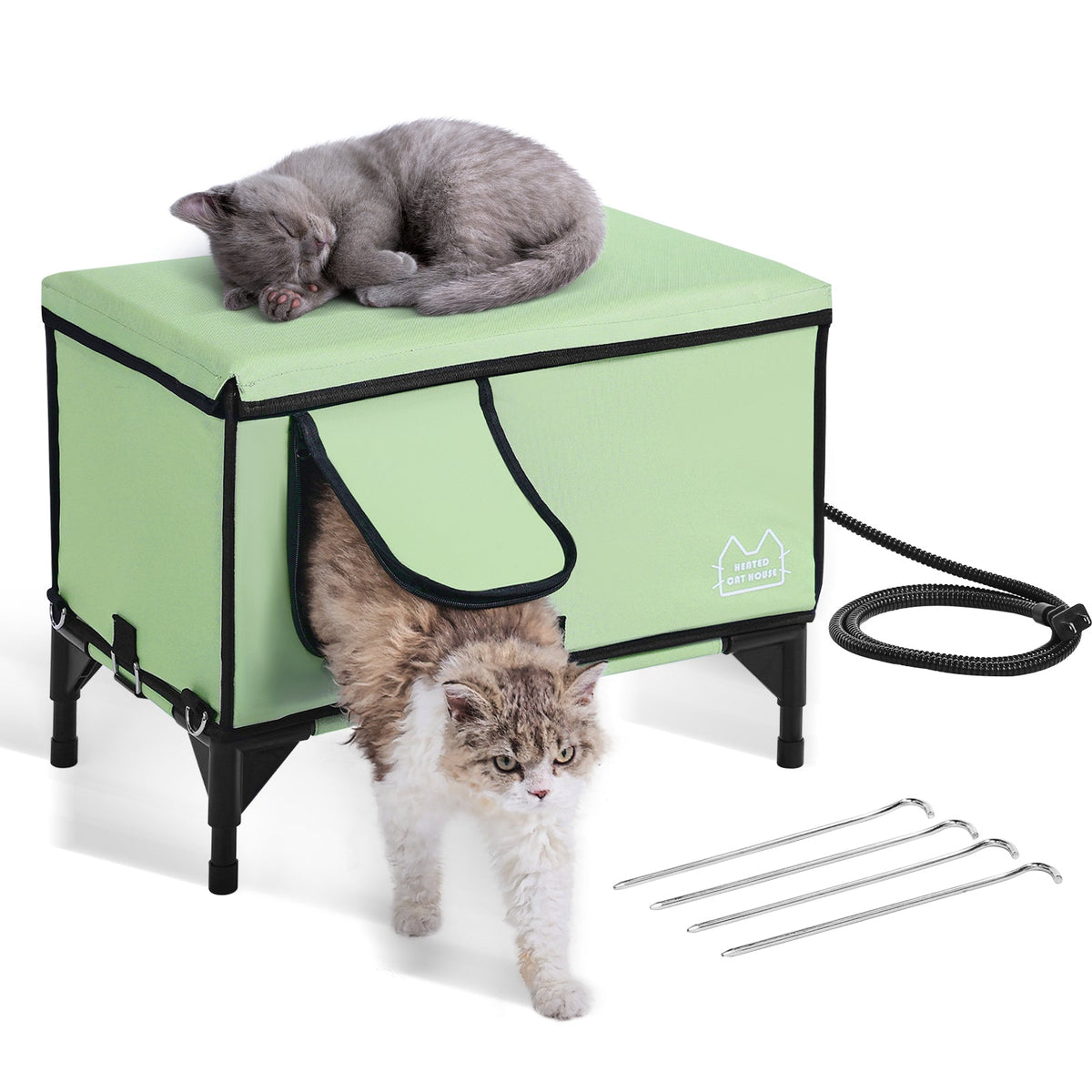 VEVOR Elevated Heated Cat House Cuboid Kitty Shelter With Heated Pad Green M