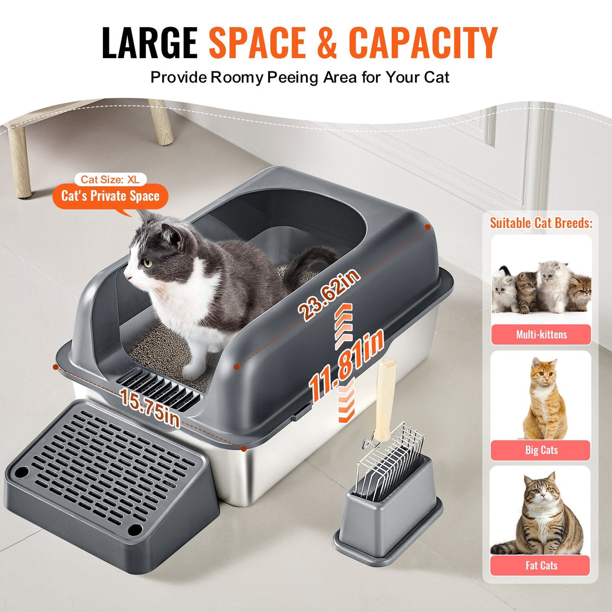 6 In Deep Cat Litter Box Odor-Free Litter Box With Filtering Foot Board