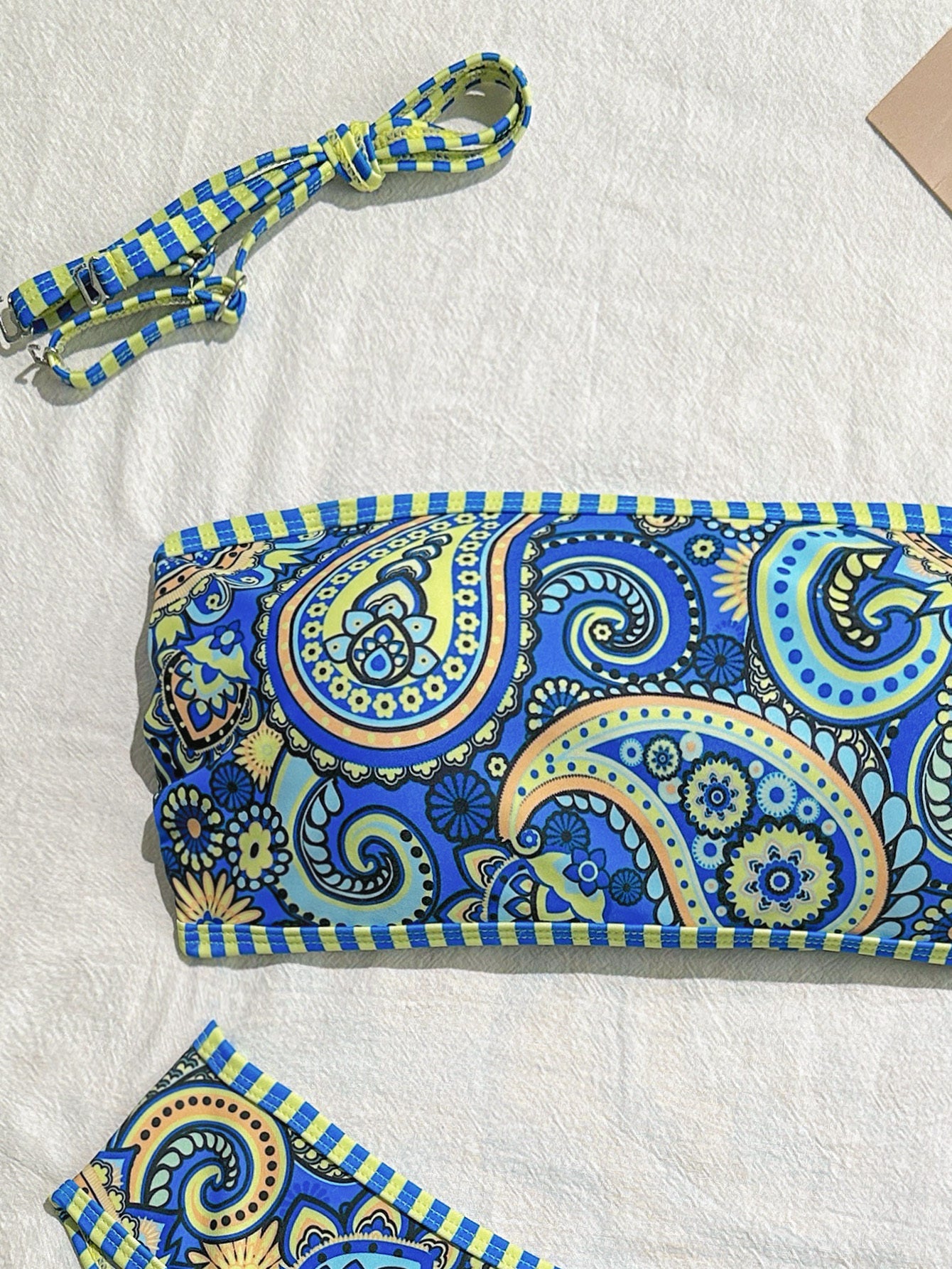 Women's Paisley Print Bandeau Bikini Set, Strapless Top With Removable Strap & High Cut Bottom