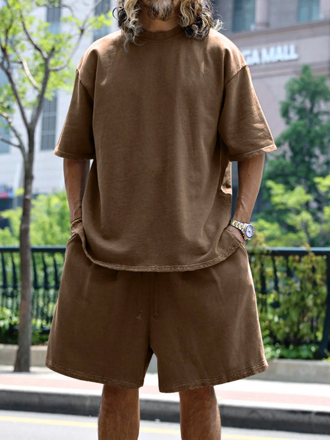 Men's Full Size Round Neck Short Sleeve Top and Shorts Set Plus Size
