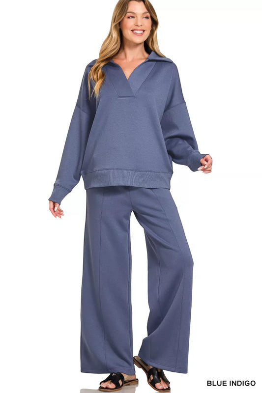 Zenana Scuba Collared Pullover & Center Seam Pants Set