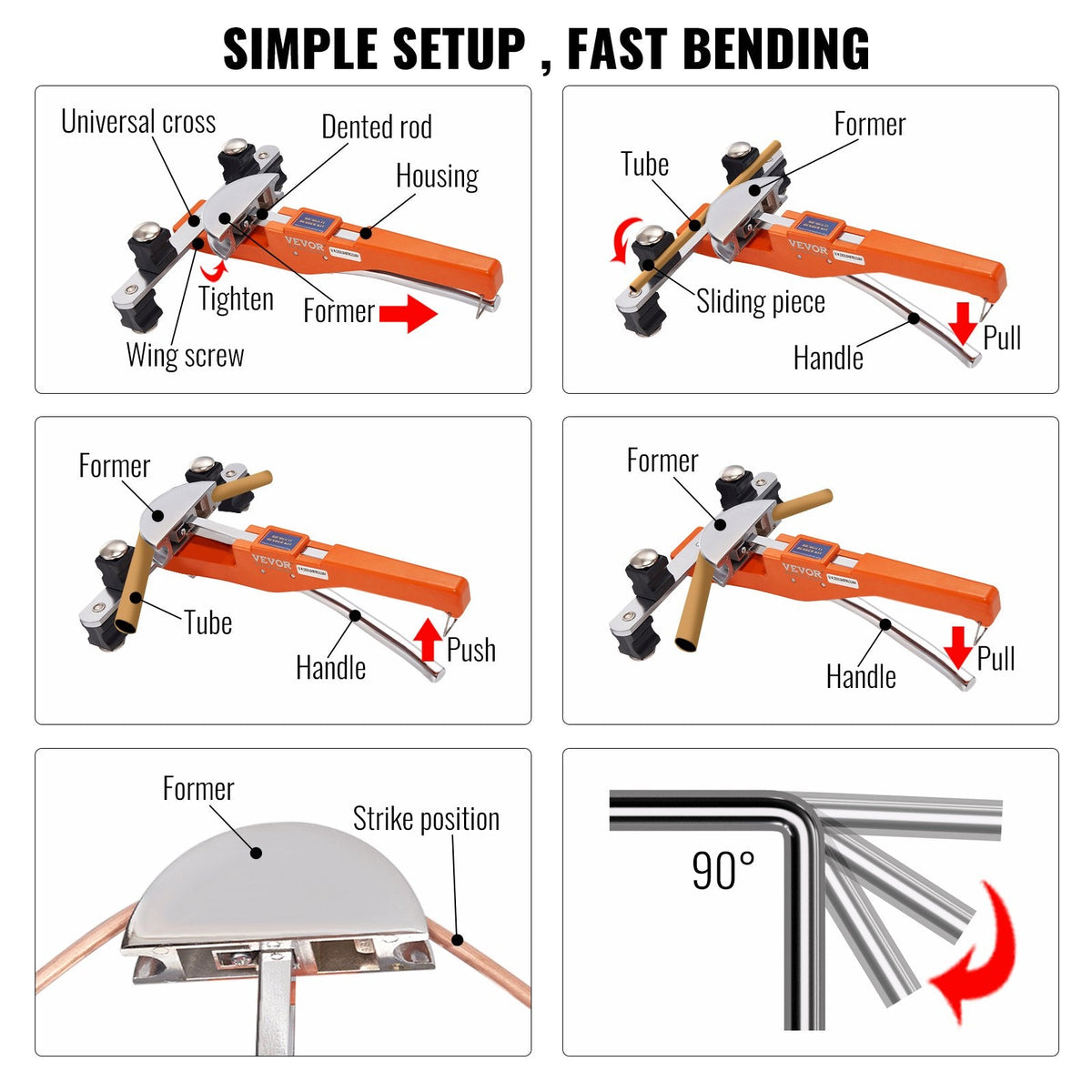 VEVOR Pipe Tube Bender, O.D. Ratcheting Tubing Bender, 90 Forward Reverse Pipes Bending Tools With 7 Dies And Pipe Cutter For HVAC Air Conditioning Refrigerator Repair