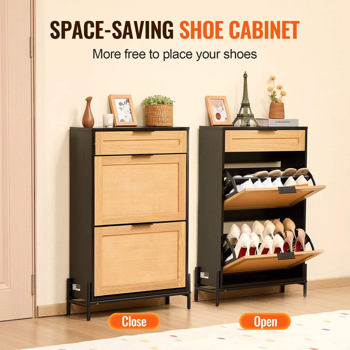 Rattan Shoe Cabinet, Narrow Shoe Storage Organizer With 2 Flip Rattan Drawers & 1 Slide Drawer, Metal Legs, Slim Shoe Entryway Cabinet Ideal For Entryway, Closet, Hallway, Black