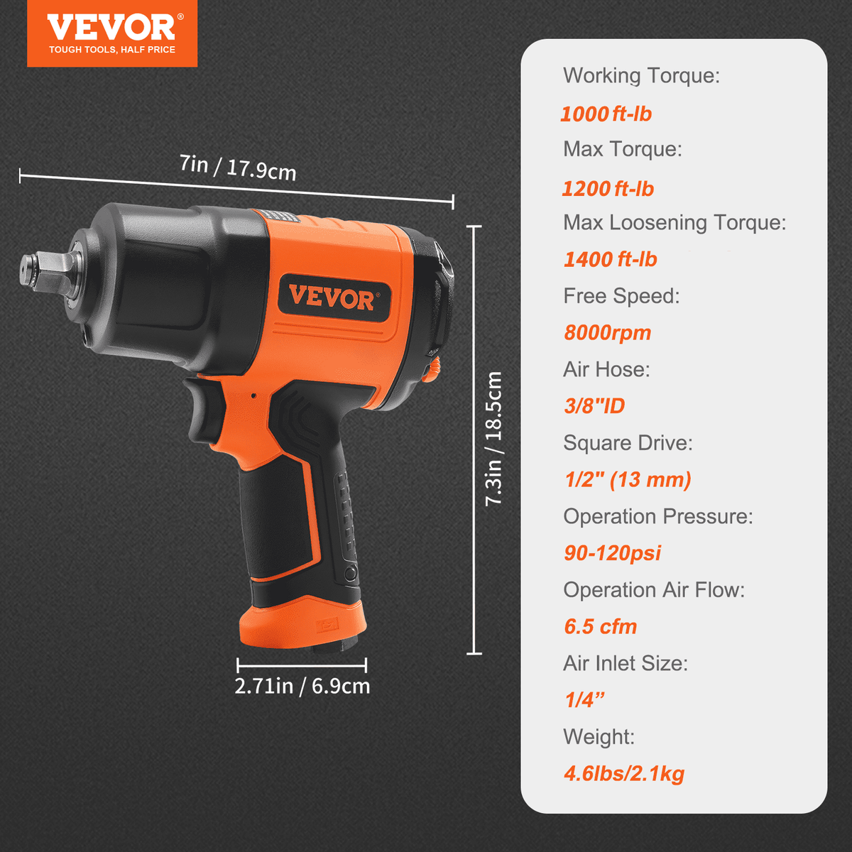 VEVOR Air Impact Wrench  Square Drive 1400ft-lb Nut-busting Torque 90-120PSI