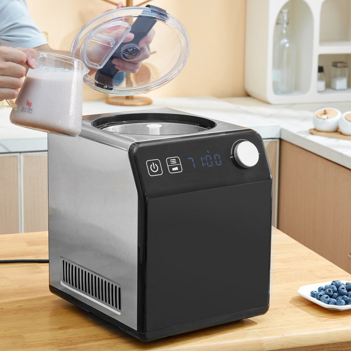Upright Automatic Ice Cream Maker With Built-in Compressor, 2 Quart No Pre-freezing Fruit Yogurt Machine, Stainless Steel Electric Sorbet Maker, 4 Modes Gelato Maker With Digital Display  Timer