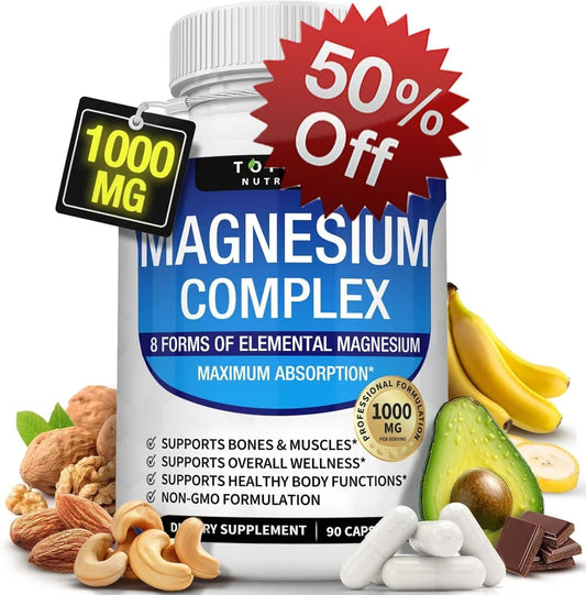 Magnesium Complex Supplement 8 Elemental 1000mg - Magnesium Glycinate, Citrate, Malate, Taurate, Chelated for Easy Absorption for Bones, Muscle, Recovery, Energy, Vegan Non-GMO 90 Capsules