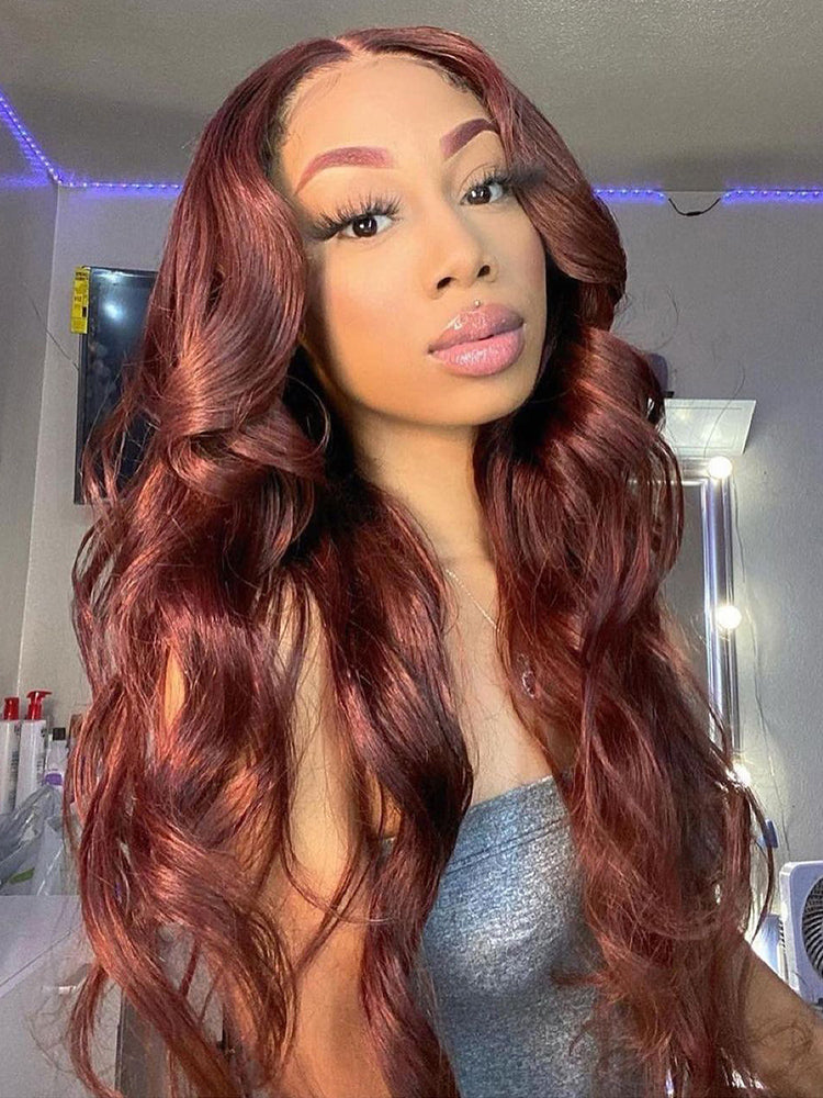 5x5 Lace Human Hair Wig Pre-cut Lace Reddish-Brown Body Wave, Density