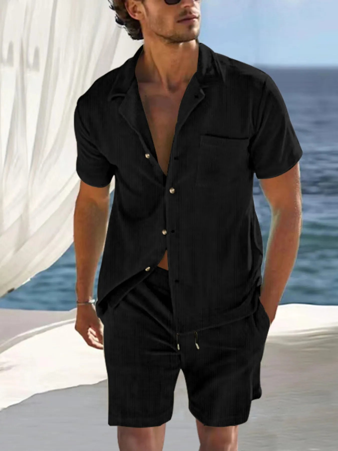 Men's Full Size Button Detail Short Sleeve Top and Shorts Set Plus Size