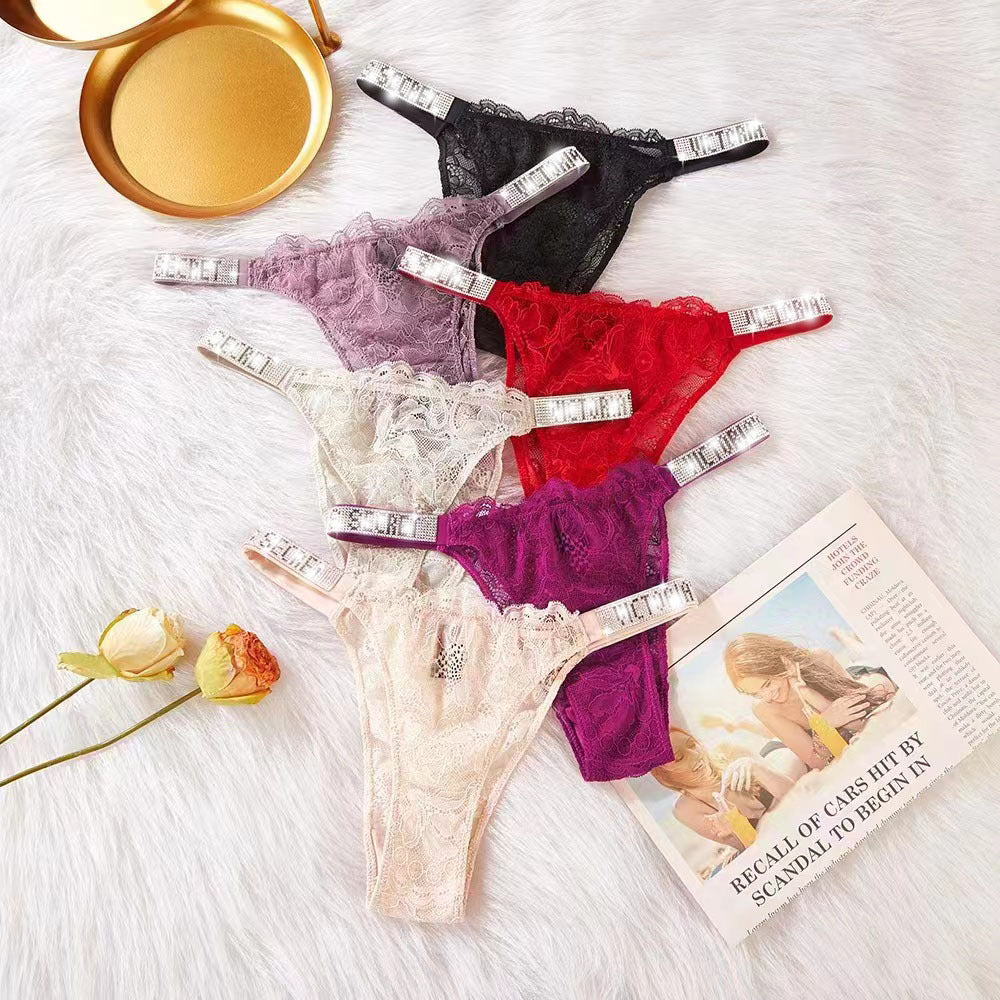 Rhinestone Lace Underwear Women's T-back