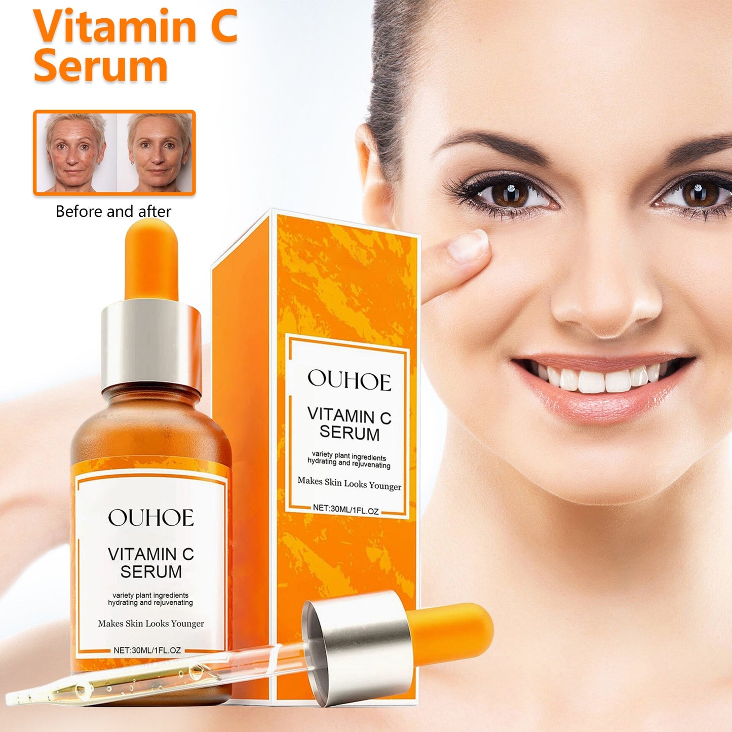 OUHOE Vitamin C Face Serum, Lighten Fine Lines And Tighten Facial Skin Anti-Aging Serum