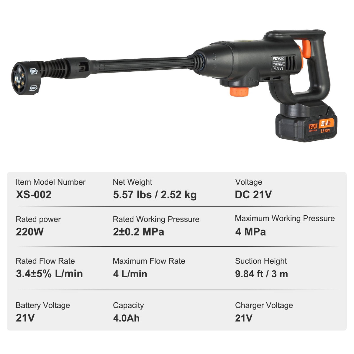 VEVOR Cordless Pressure Washer, 580-PSI 1.1 GPM Portable Power Cleaner, Handheld High-Pressure Car Washer Gun With 4.0Ah Battery, Charger, 6-in-1 Nozzle, For Home Floor Cleaning & Watering
