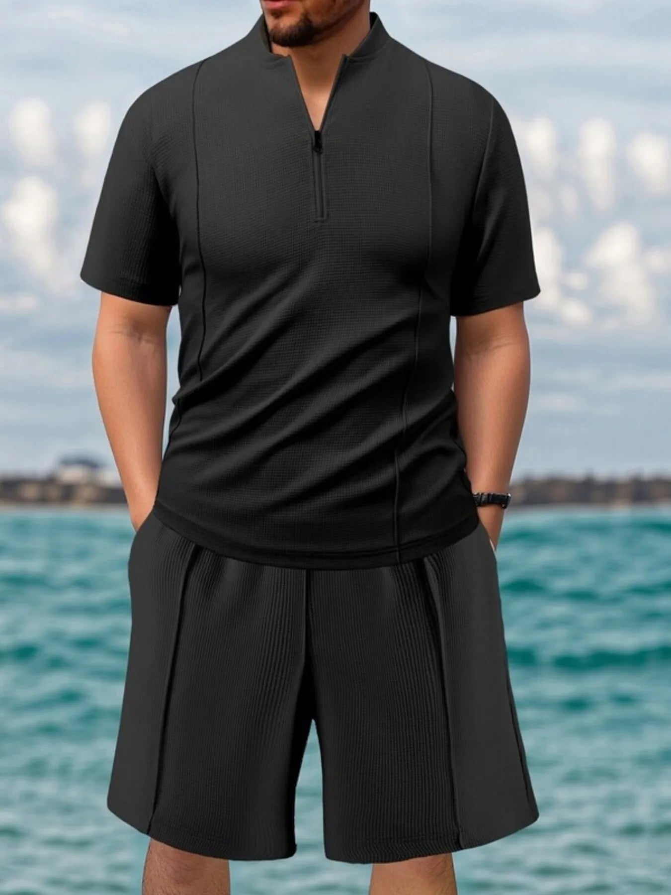 Men's Full Size Zip Front Short Sleeve Top and Shorts Set Plus Size