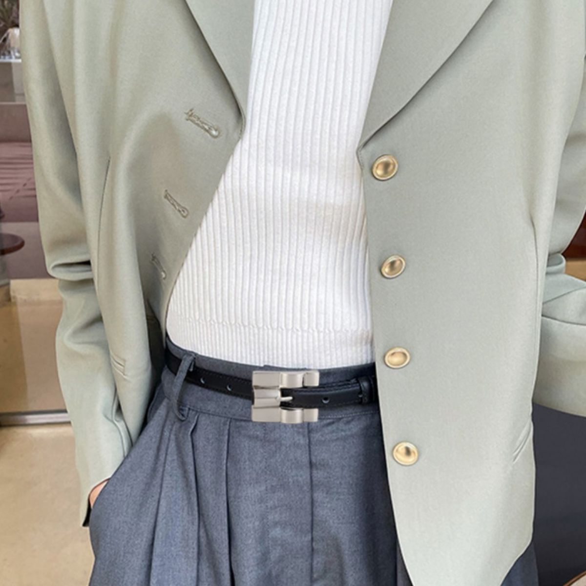 Skinny Leather Belt with Silver Buckle