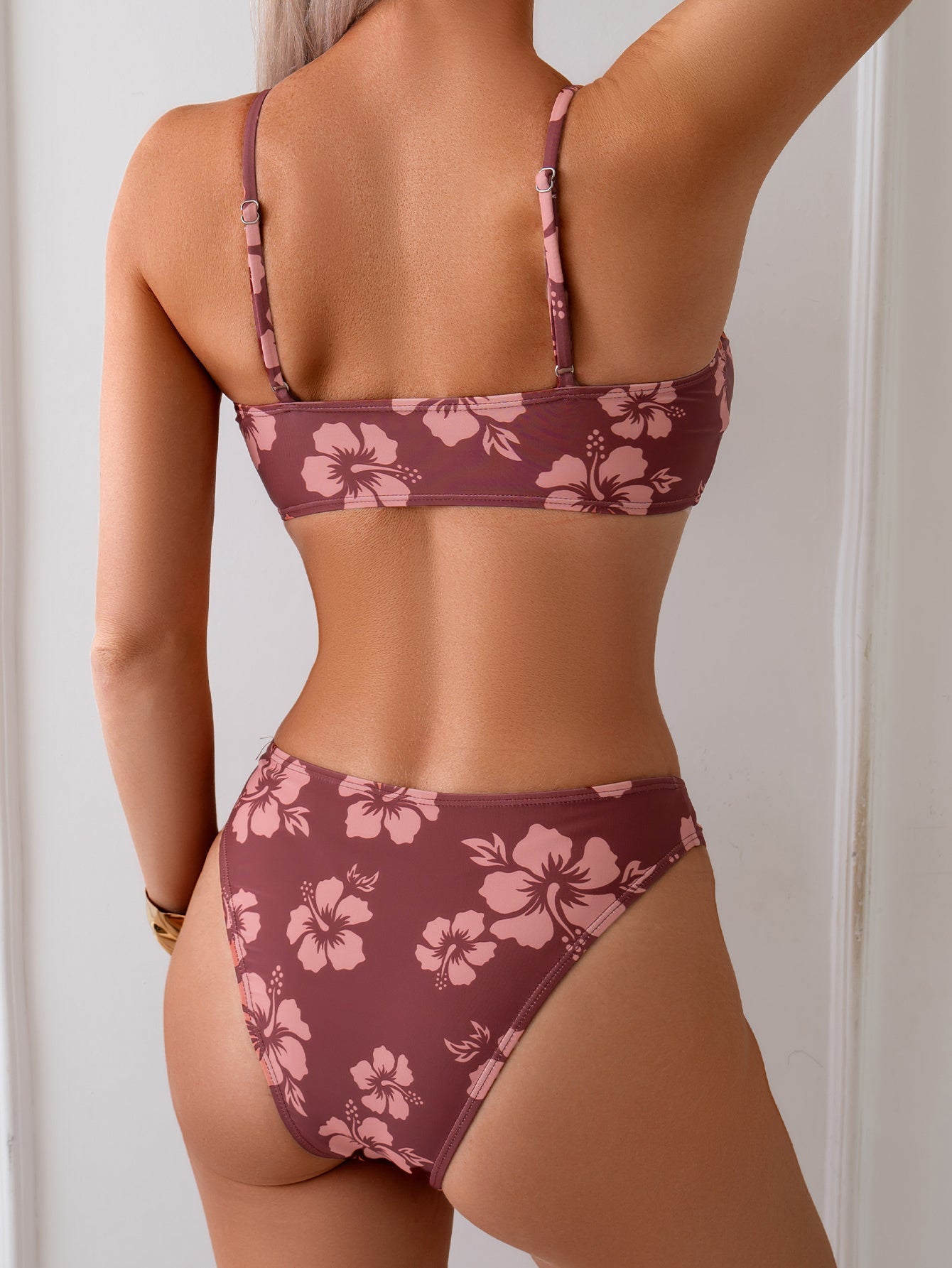 Women's Hibiscus Print Bandeau Bikini Set, Gold U-Ring Front Top & High Cut Bottom, 2 Piece Tropical Swimsuit